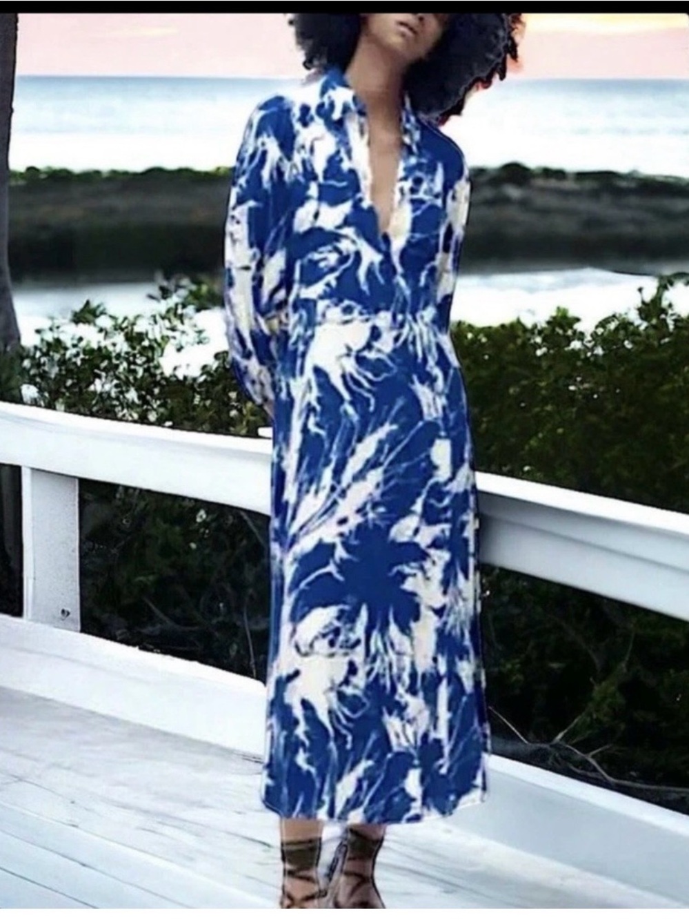 ZARA Blue & Cream Print Shirt style belted maxi dress